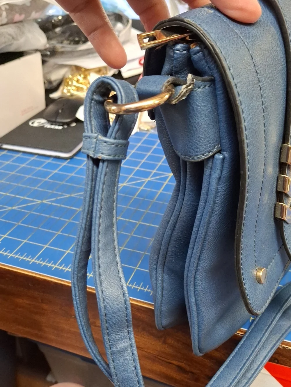 Blue Crossbody Shoulder Bag Multi Pockets Gold Hardware Preloved 10x1x1
